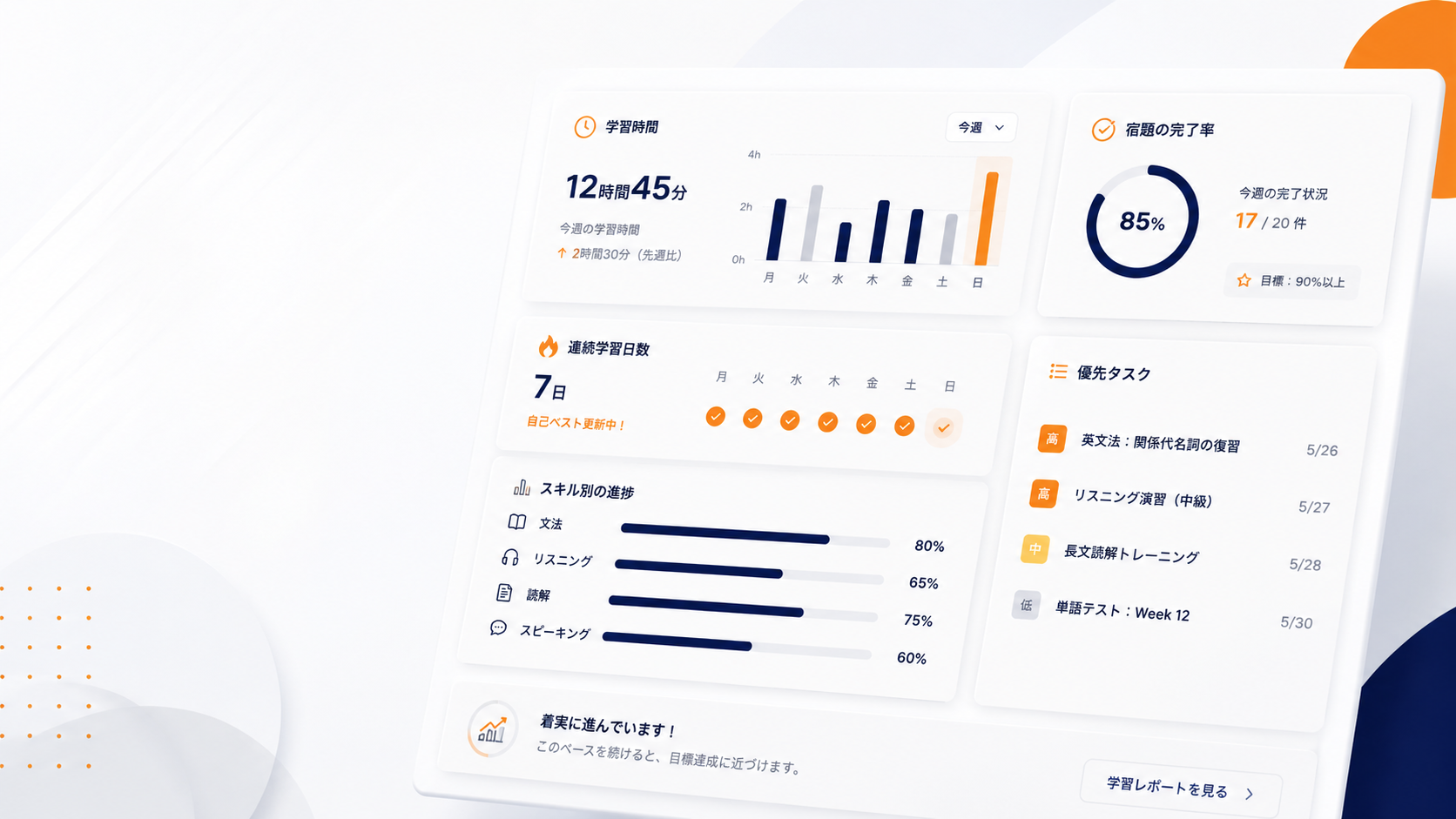 学習時間や進捗をデータで確認するイメージ